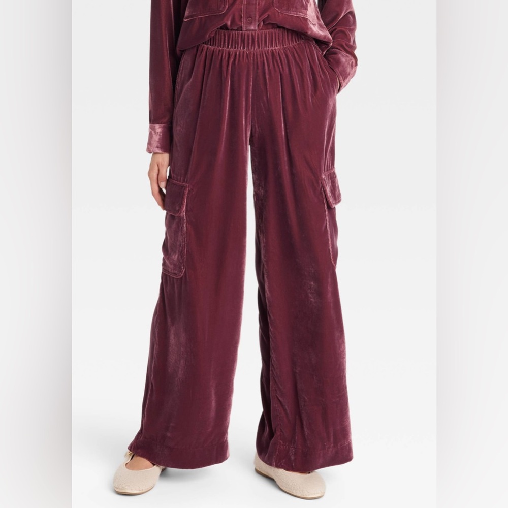 Universal Thread Velvet Wide-Leg Pants - Deep Red